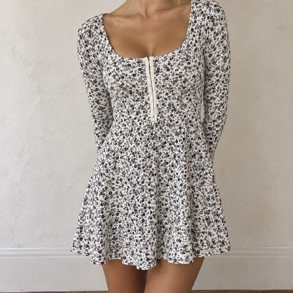 Vtg VICTORIA'S SECRET Country BABYDOLL Dress HENLEY Floral Waffle Sz S